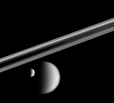 Cassini spacecraft image of Saturn's moons and rings