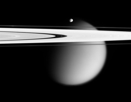 Cassini spacecraft image of Saturn's rings and moons Epimetheus and Titan 