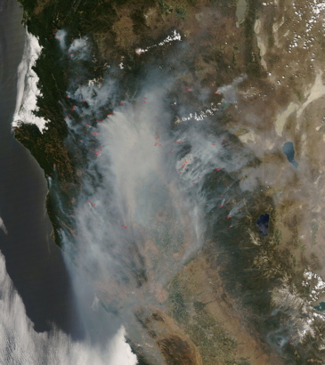 Aqua spacecraft image of California wildfires