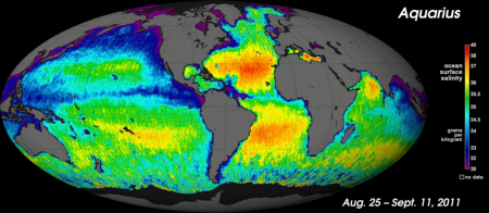 Aquarius/SAC-D spacecraft map of sea surface salinity