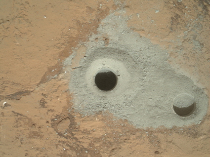 Drill holes in Mars bedrock